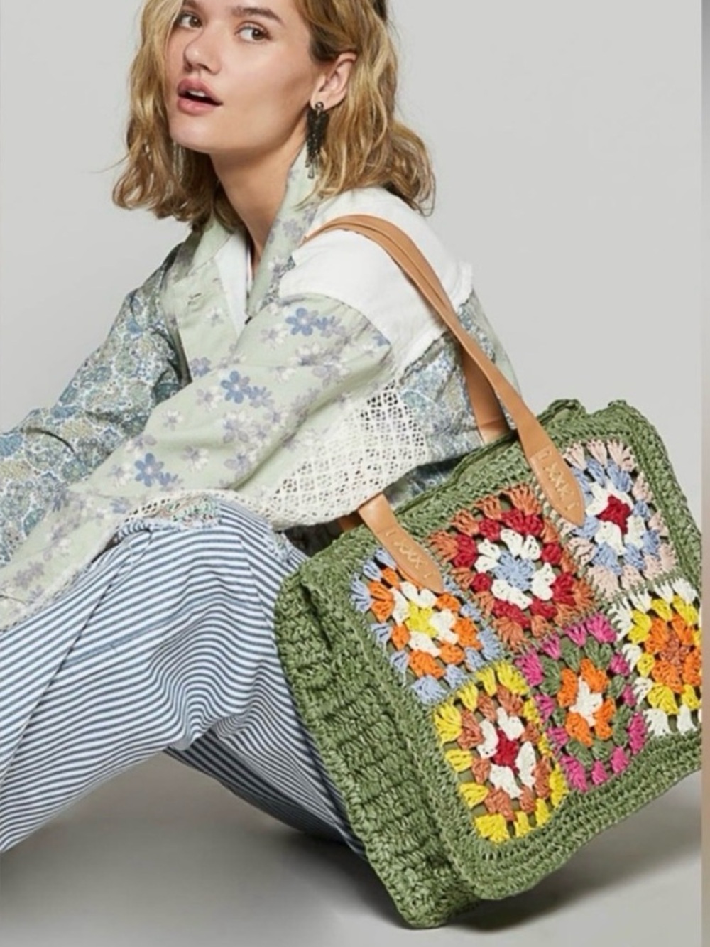 POL - Granny Squares - Raffia Crochet - Floral - Tote Bag - Olive Green - NIB